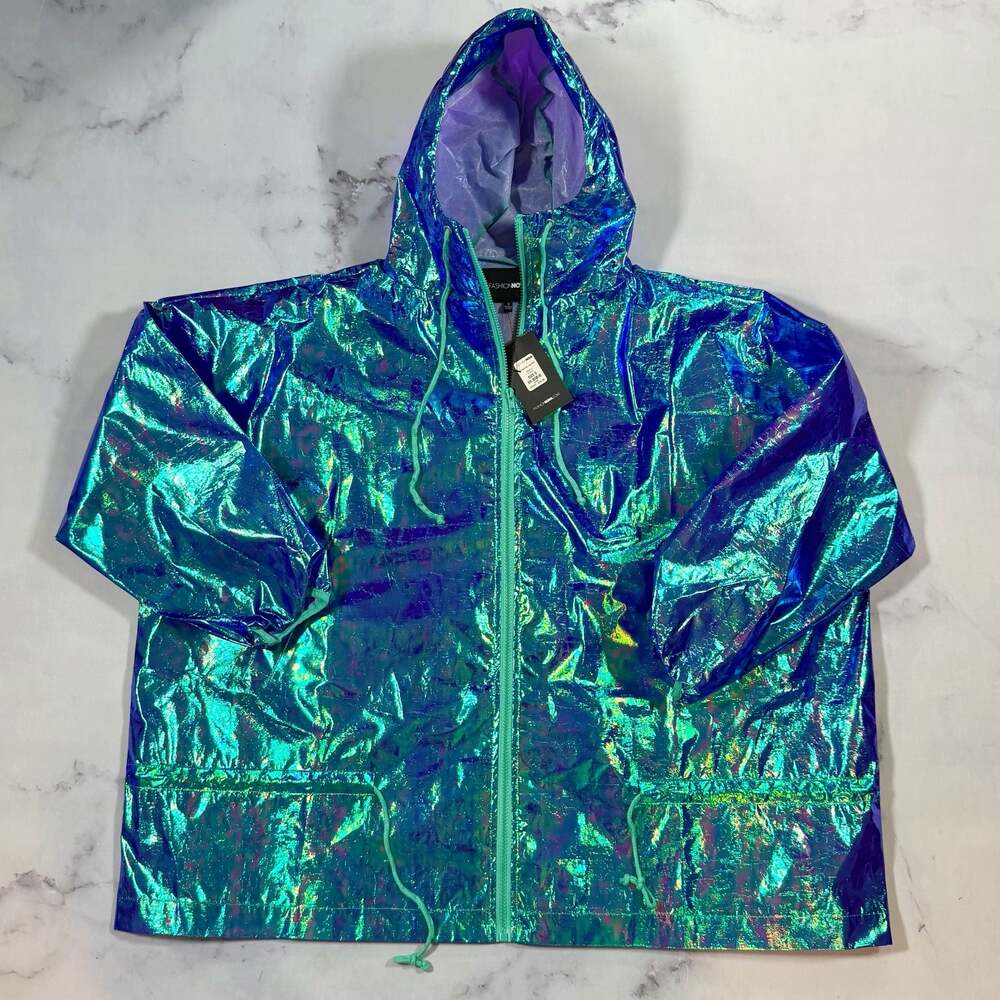 Fashion Nova Illusions Jacket Emerald Holographic Windbreaker Oversized S